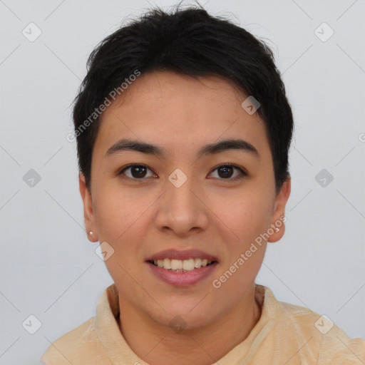 Joyful asian young-adult female with short  brown hair and brown eyes