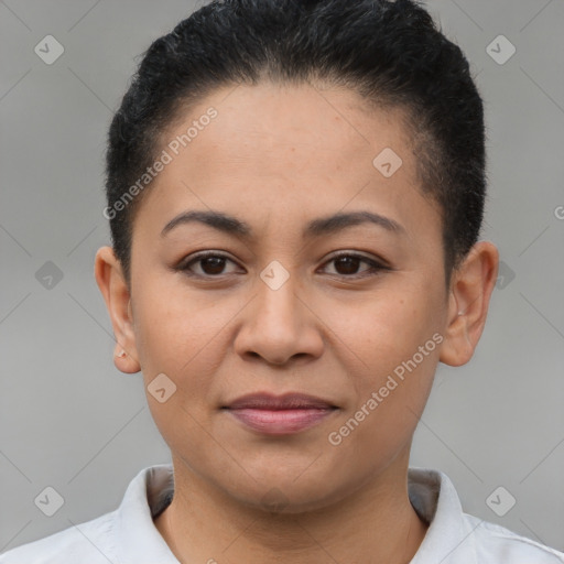 Joyful latino young-adult female with short  brown hair and brown eyes