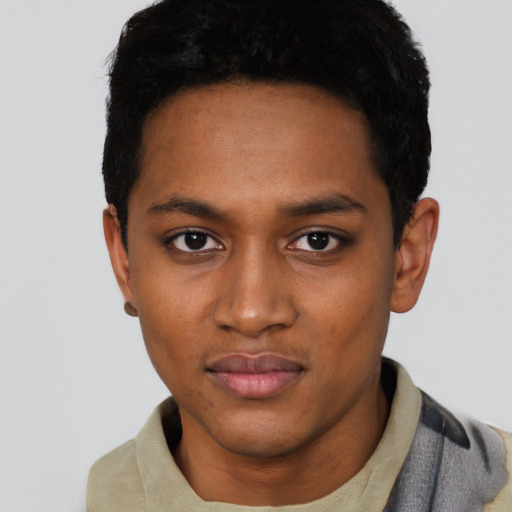 Neutral black young-adult male with short  black hair and brown eyes