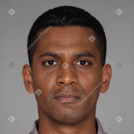 Neutral latino young-adult male with short  black hair and brown eyes