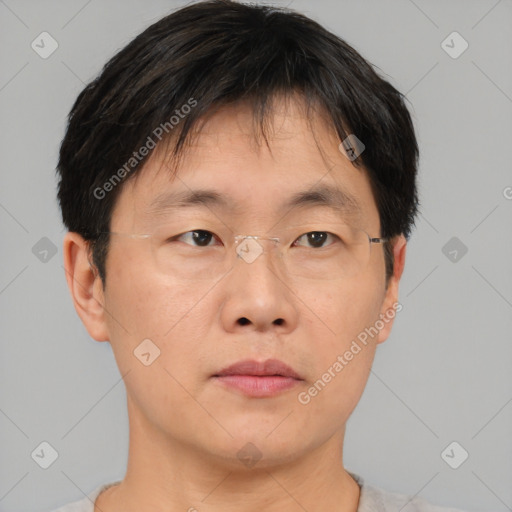 Neutral asian young-adult male with short  brown hair and brown eyes