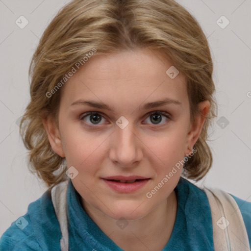 Joyful white child female with medium  brown hair and brown eyes