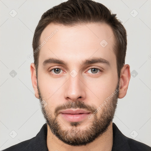 Neutral white young-adult male with short  brown hair and brown eyes