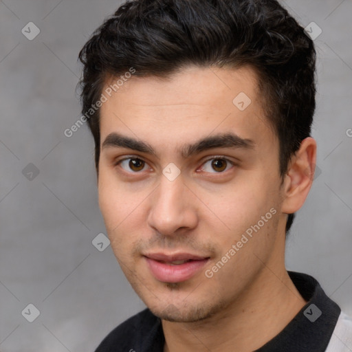 Neutral white young-adult male with short  brown hair and brown eyes