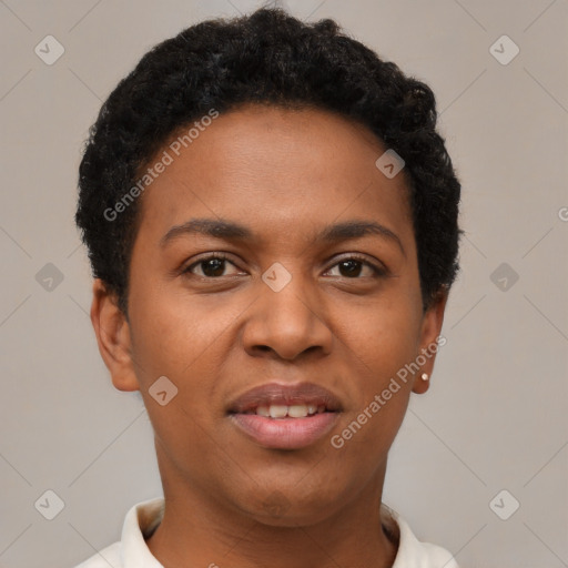 Joyful black young-adult female with short  brown hair and brown eyes