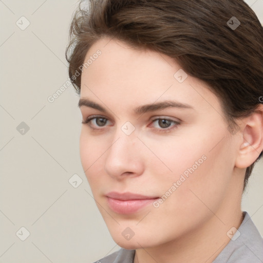 Neutral white young-adult female with short  brown hair and brown eyes