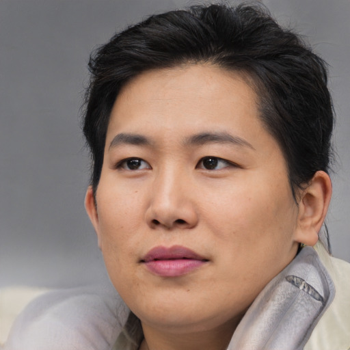 Joyful asian young-adult female with short  brown hair and brown eyes