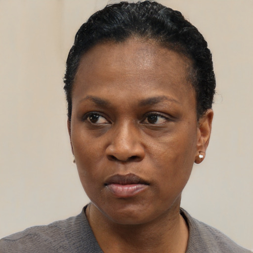 Neutral black young-adult female with short  black hair and brown eyes