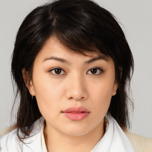 Neutral asian young-adult female with medium  brown hair and brown eyes