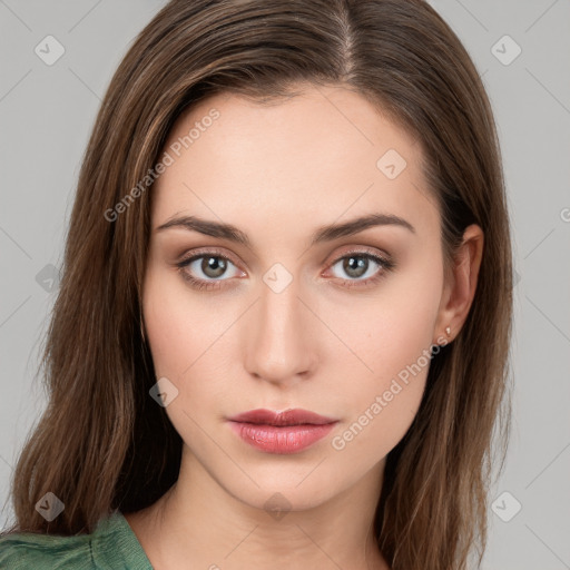 Neutral white young-adult female with long  brown hair and grey eyes