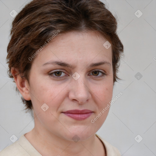 Joyful white young-adult female with medium  brown hair and green eyes