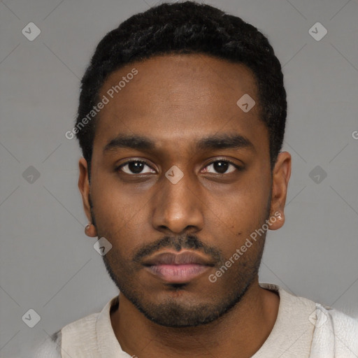 Neutral black young-adult male with short  black hair and brown eyes