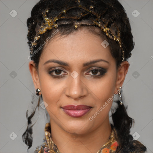 Joyful black young-adult female with medium  brown hair and brown eyes