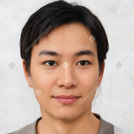 Neutral asian young-adult male with short  black hair and brown eyes