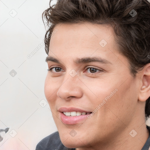 Joyful white young-adult male with medium  brown hair and brown eyes