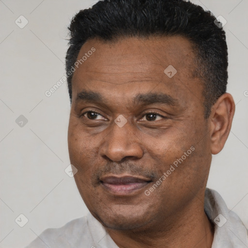 Joyful black adult male with short  black hair and brown eyes
