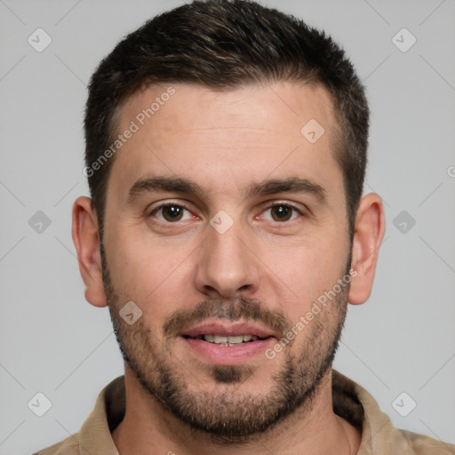 Neutral white young-adult male with short  brown hair and brown eyes