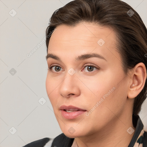 Neutral white young-adult female with medium  brown hair and brown eyes