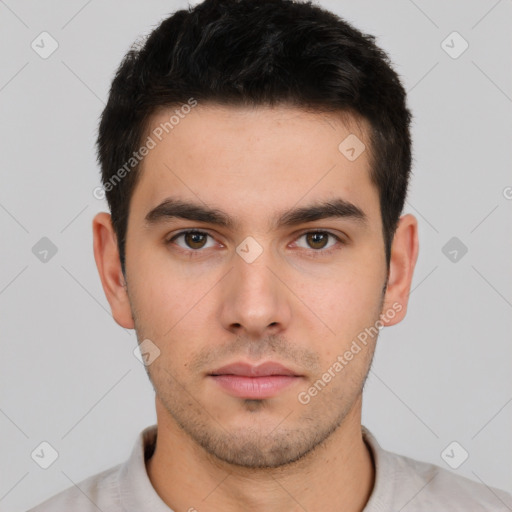 Neutral white young-adult male with short  brown hair and brown eyes