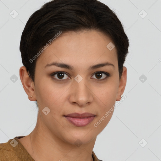 Joyful white young-adult female with short  brown hair and brown eyes