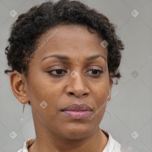 Joyful black adult female with short  brown hair and brown eyes