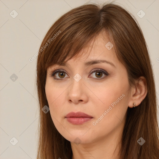 Neutral white young-adult female with long  brown hair and brown eyes