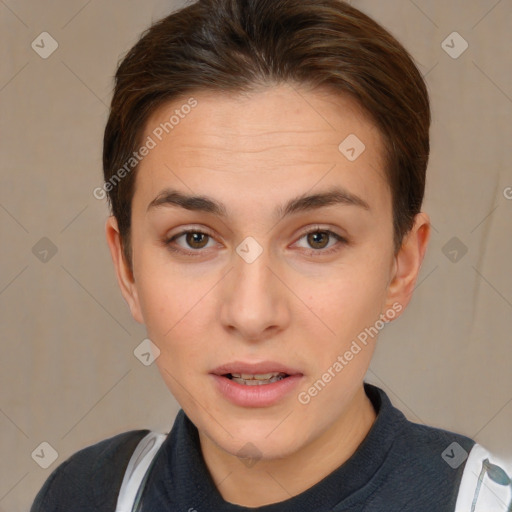 Neutral white young-adult female with short  brown hair and brown eyes