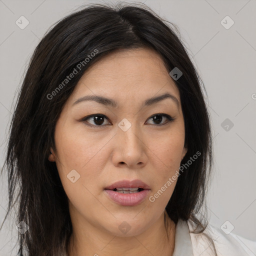 Neutral asian young-adult female with medium  brown hair and brown eyes