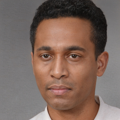 Neutral black young-adult male with short  black hair and brown eyes