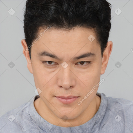 Neutral asian young-adult male with short  brown hair and brown eyes