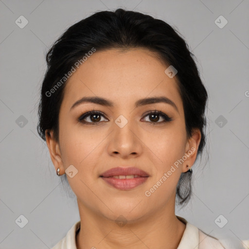 Joyful latino young-adult female with medium  brown hair and brown eyes