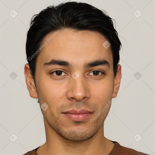 Neutral latino young-adult male with short  black hair and brown eyes