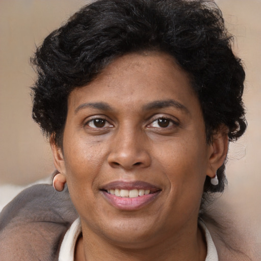 Joyful black adult female with short  brown hair and brown eyes