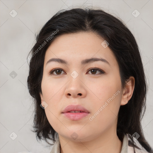 Neutral asian young-adult female with medium  brown hair and brown eyes