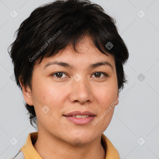 Joyful white adult female with short  brown hair and brown eyes