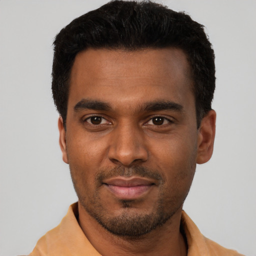 Neutral black young-adult male with short  black hair and brown eyes
