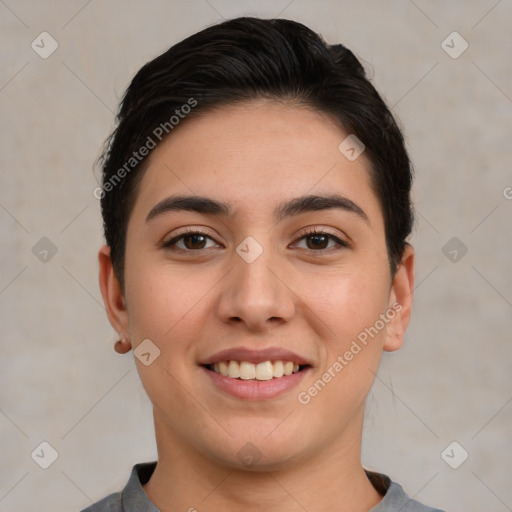 Joyful white young-adult female with short  brown hair and brown eyes