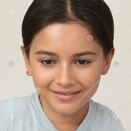 Joyful white child female with short  brown hair and brown eyes