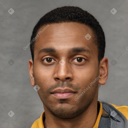 Neutral latino young-adult male with short  black hair and brown eyes