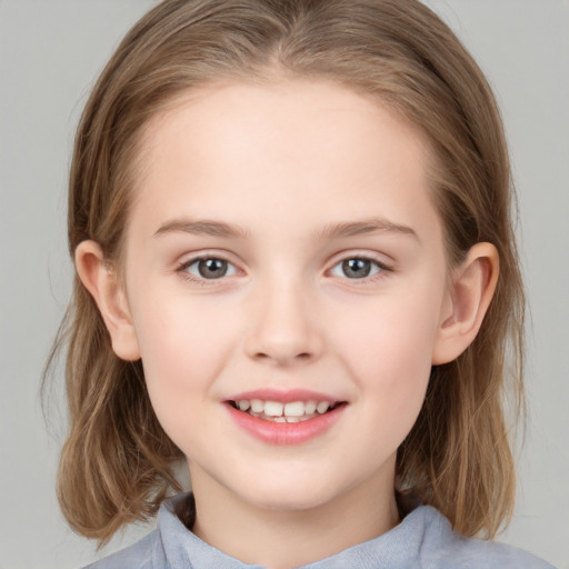 Joyful white child female with medium  brown hair and brown eyes