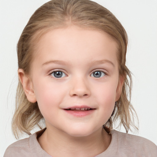 Joyful white child female with medium  brown hair and blue eyes