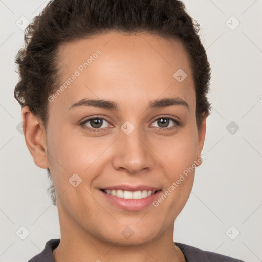 Joyful white young-adult female with short  brown hair and brown eyes