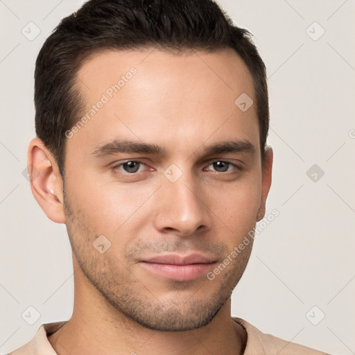 Neutral white young-adult male with short  brown hair and brown eyes