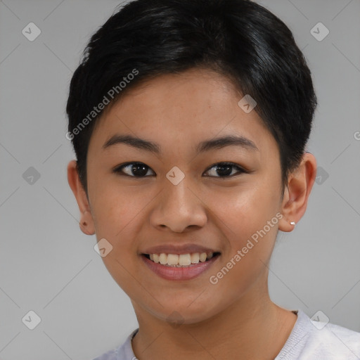 Joyful asian young-adult female with short  brown hair and brown eyes