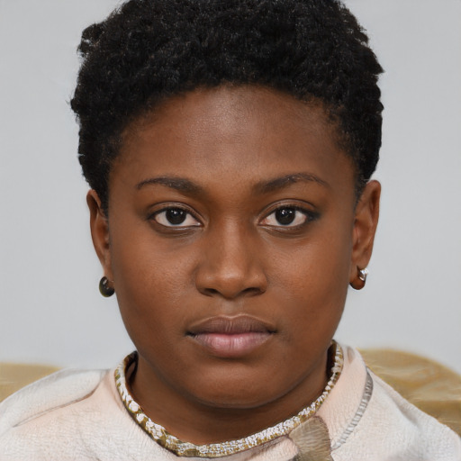 Neutral black young-adult female with short  brown hair and brown eyes