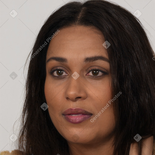 Joyful asian young-adult female with long  brown hair and brown eyes