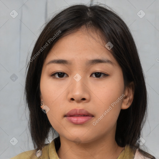 Neutral asian young-adult female with medium  brown hair and brown eyes