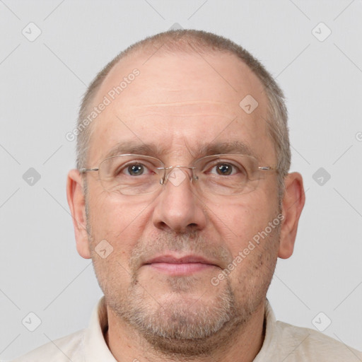 Neutral white middle-aged male with short  brown hair and brown eyes