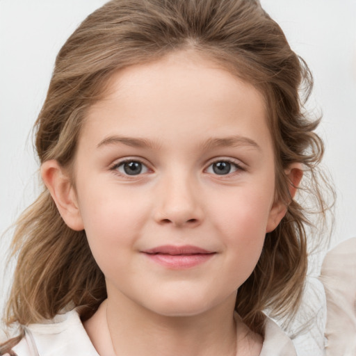 Joyful white child female with medium  brown hair and grey eyes