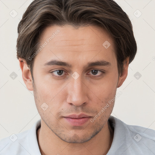 Neutral white young-adult male with short  brown hair and brown eyes